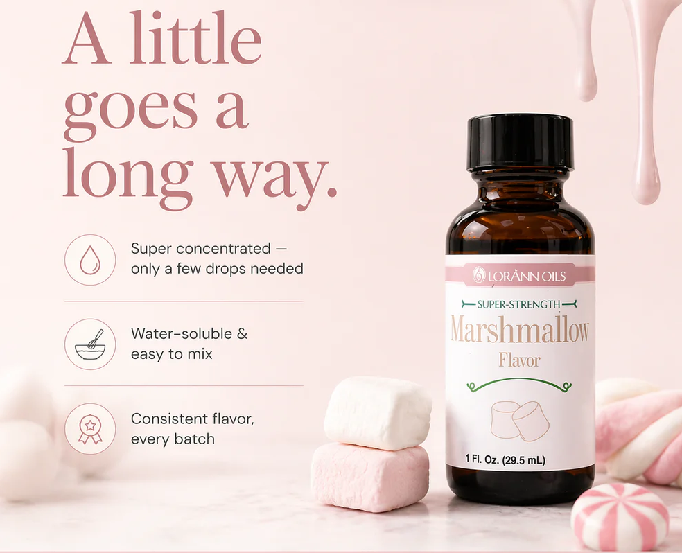 A bottle of LorAnn oils Marshmallow Super Strength flavor displayed on a light pink background with marshmallows and dripping marshmallow graphics. Text on the left highlights key product benefits.