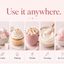 A pink-themed graphic with the text 'Use it anywhere.' above five food and drink examples: candy, a cupcake, a pink drink topped with marshmallows, whipped frosting, and pink ice cream scoops, each labeled with an icon and name.