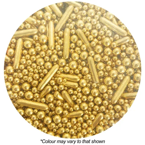 Gold-colored decorative sprinkles on a white background