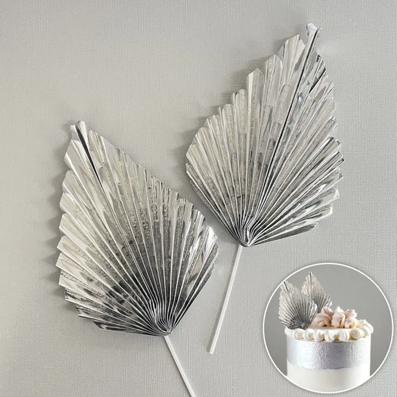 Paper palm leaf fan decorative cake topper 2 per pack Metallic Silver
