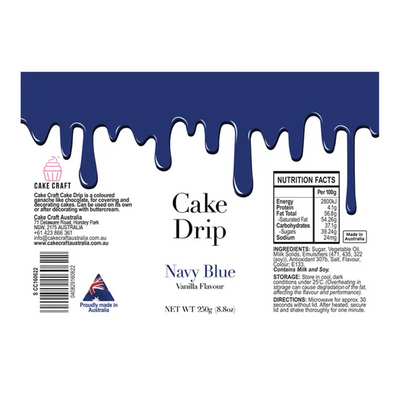 Cake Craft navy blue cake drip packaging with label details.