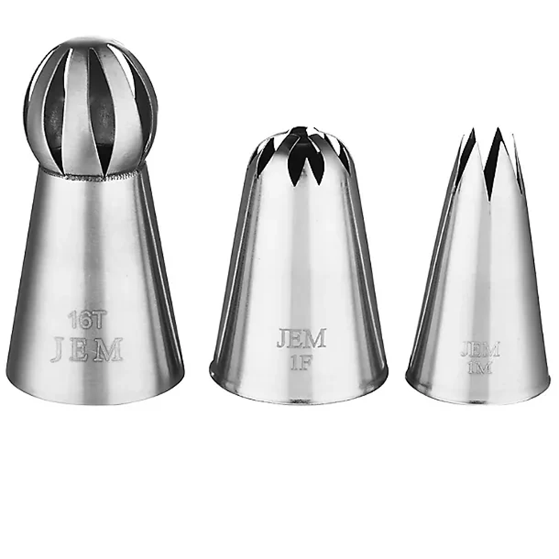Set of three metal icing tips with 'JEM' branding on a white background