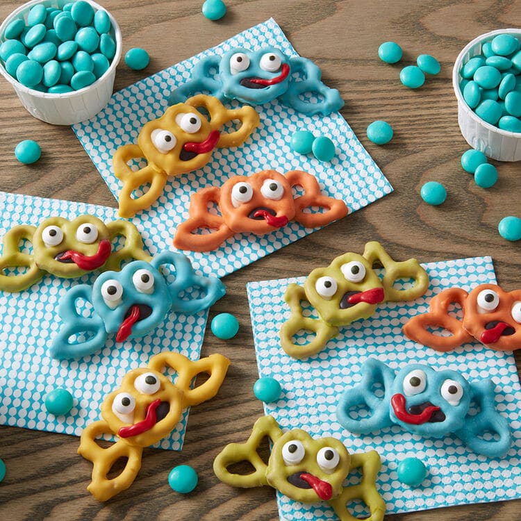 Pretzels dipped in chocolate, made to look like frogs