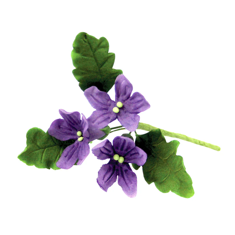 Purple violet gumpaste icing flowers with green leaves on a white background