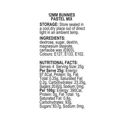 Nutritional facts and storage information for 12MM Bunnies Pastel Mix on a white background.