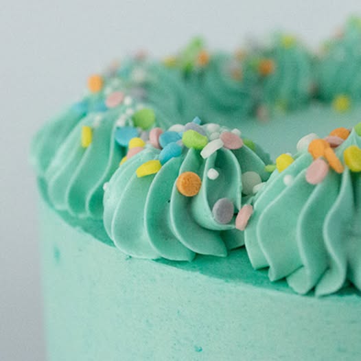 A close-up of a mint green frosted cake with piped rosette borders decorated with colorful round sprinkles, set against a light gray background.