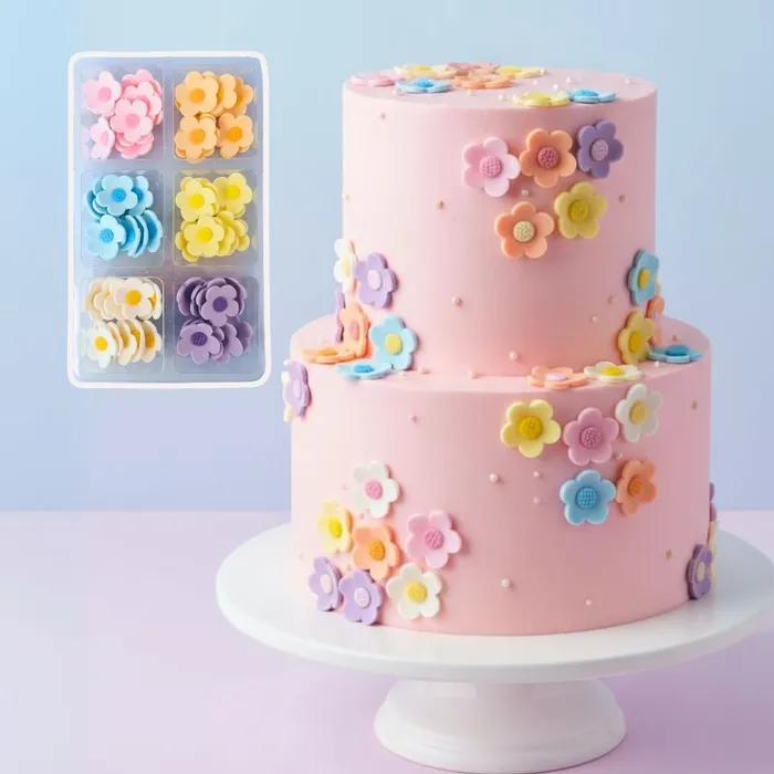 Two-tier pink cake decorated with colorful flowers on a white stand against a light purple background.