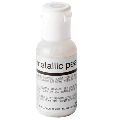 A small bottle of metallic pearl pigment with a white cap and white label, showing the text 'metallic pearl' on a clean white background.