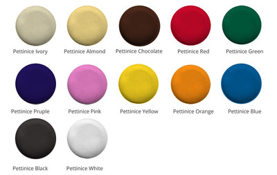 Colour chart of precoloured Bakels Pettinice fondant icing