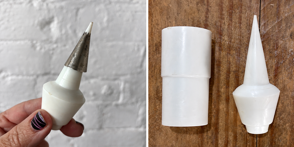 A split-screen view showing a white plastic stip saver with a metal tip, held by a hand against a white brick wall on the left, and the tip saver components laid flat on a wooden surface on the right.