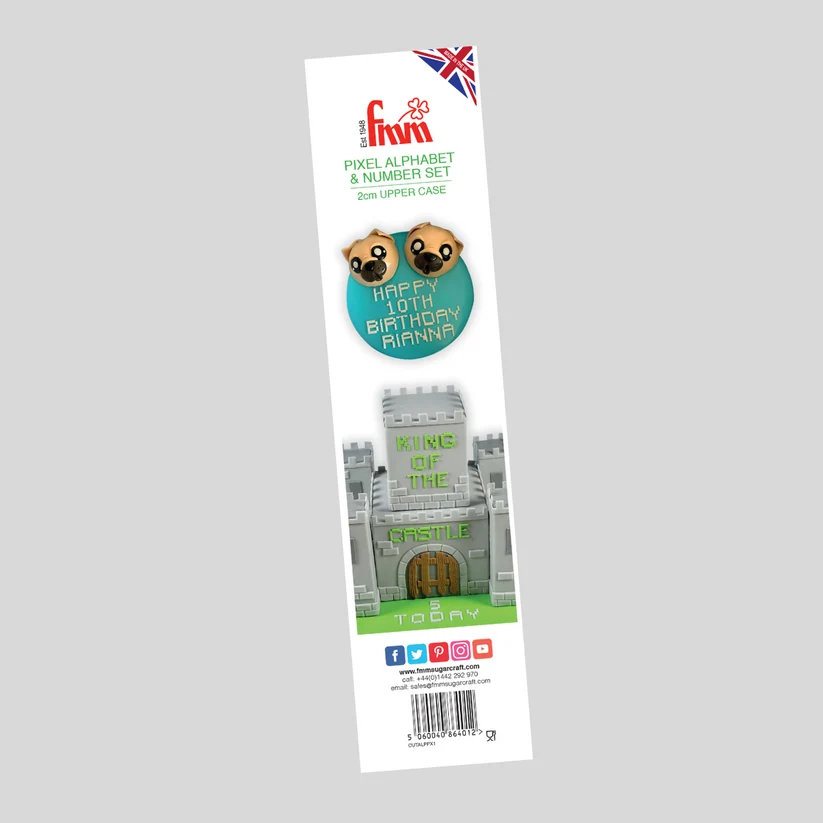 A tall, narrow retail package for a custom pixel alphabet and number set, shown against a plain light gray background. The package is white with colorful printed graphics, including a Union Jack flag, a circular badge with two pixel faces and the text 'HAPPY 10TH BIRTHDAY RIANNA,' a gray castle sign reading 'CASTLE KING OF THE TOY,' and social media icons near the bottom.
