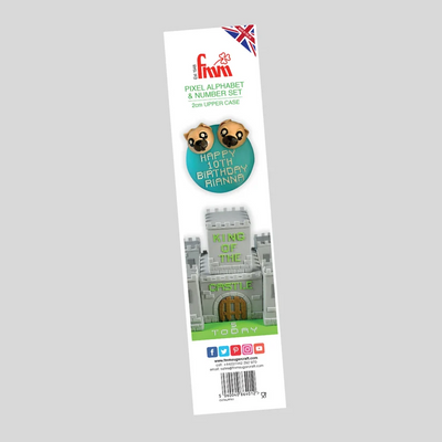 A tall, narrow retail package for a custom pixel alphabet and number set, shown against a plain light gray background. The package is white with colorful printed graphics, including a Union Jack flag, a circular badge with two pixel faces and the text 'HAPPY 10TH BIRTHDAY RIANNA,' a gray castle sign reading 'CASTLE KING OF THE TOY,' and social media icons near the bottom.
