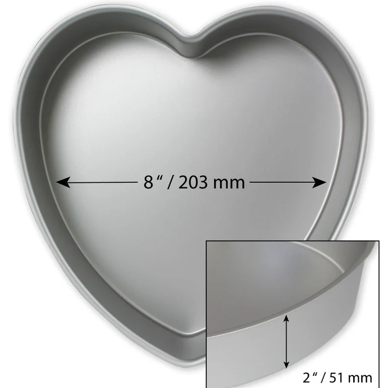 8 inch heart shape cake pan with measurements on photo