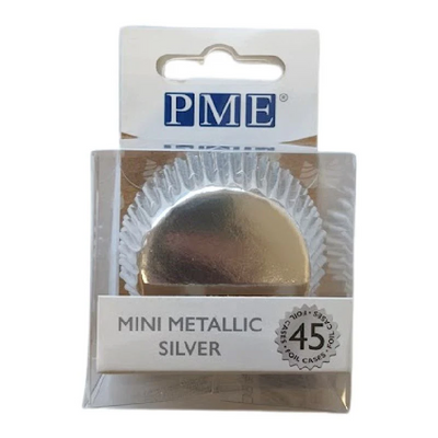 Pack of PME mini metallic silver cupcake cases with visible brand logo.
