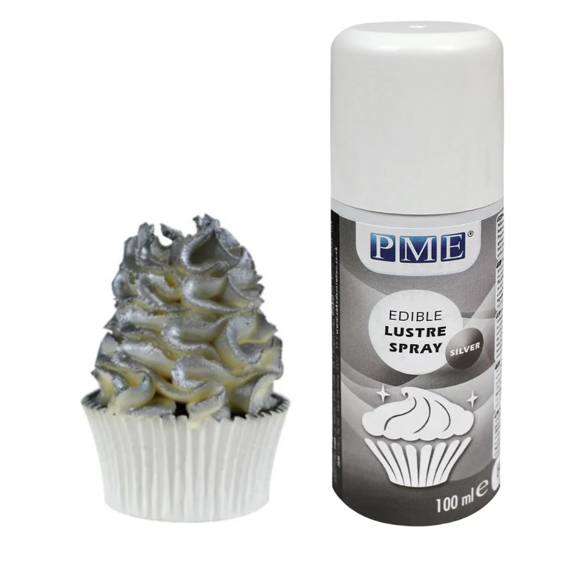 spray can of silver lsutre by PME and example cupcake