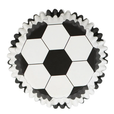 Soccer ball patterned baking cup on a white background
