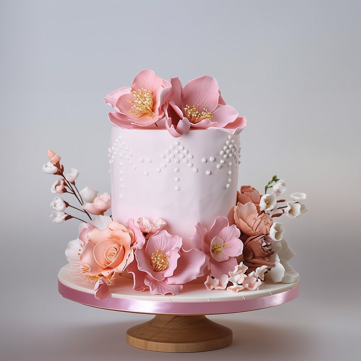 White cake with pink floral decorations on a gray background