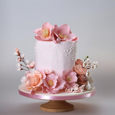 White cake with pink floral decorations on a gray background