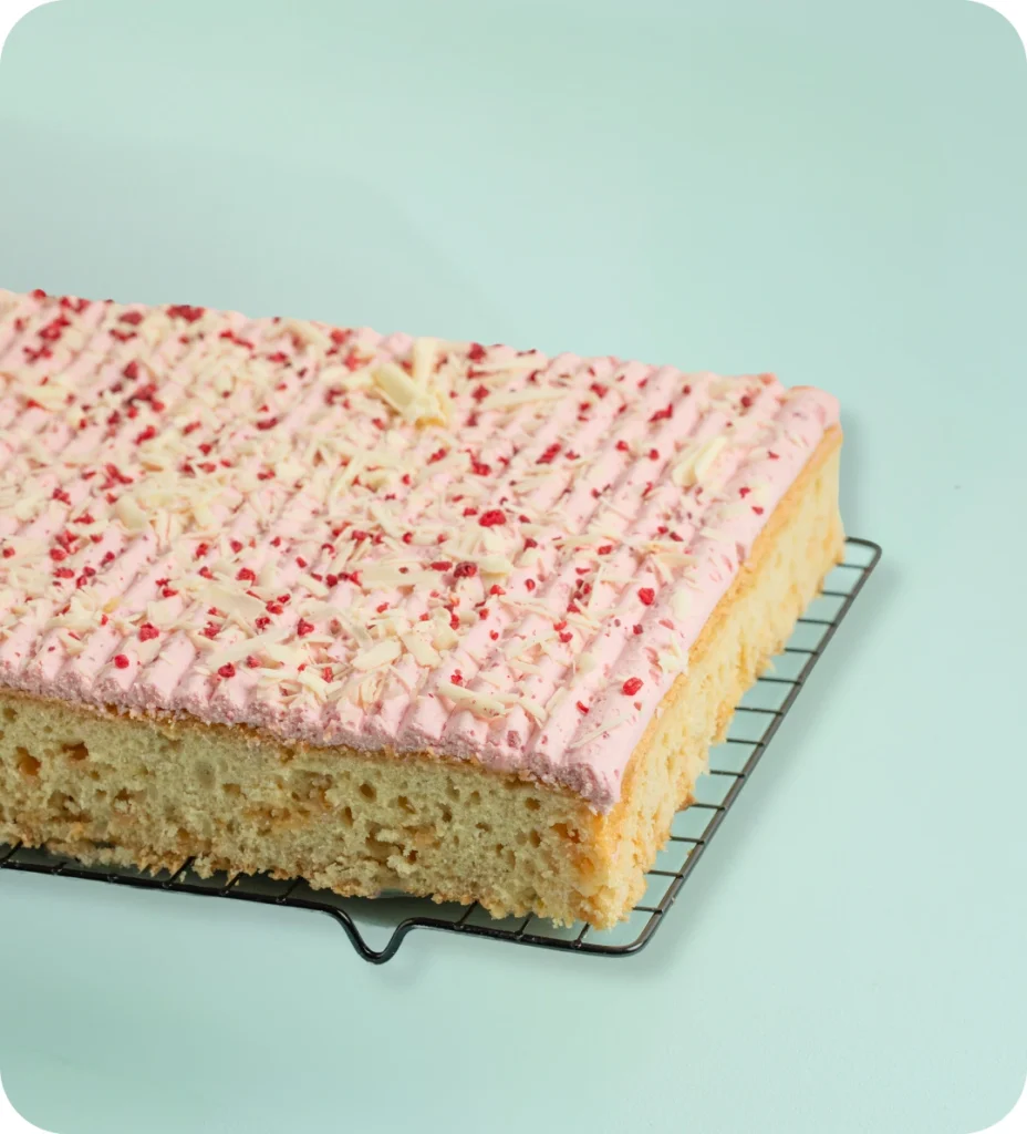 White chocolate raspberry slab cake