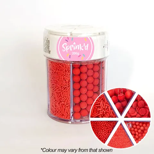 A container that is divided in to 6 cells. Each filled with a different shape red sprinkle
