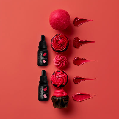 Red sprinks gel food colouring. With examples of red icing and cupcakes