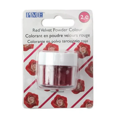 Red velvet powder colorant in packaging with PME branding