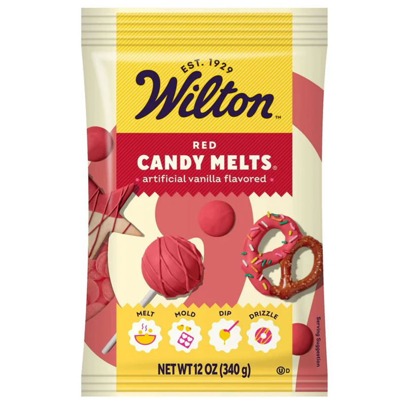 Wilton red candy melts packaging on a white background