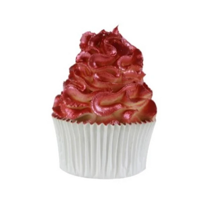 A single cupcake in a white fluted paper liner, topped with glossy, swirled red frosting, isolated on a white background.