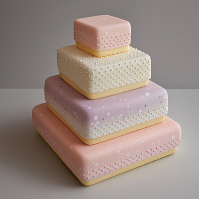 Stack of four square, pastel-colored cakes with textured surfaces on a gray background