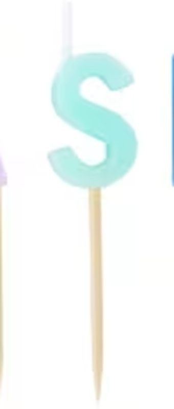 Alphabet candle on wooden pick Letter S Aqua