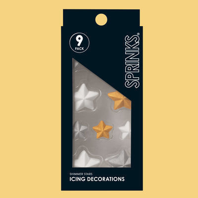 Packaging of Sprinks shimmer stars icing decorations on a beige background
