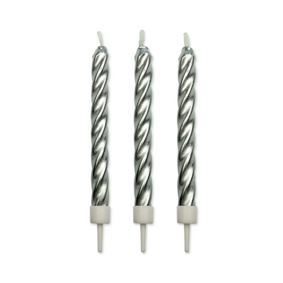 Metallic Silver twist candles with holders pack of 10