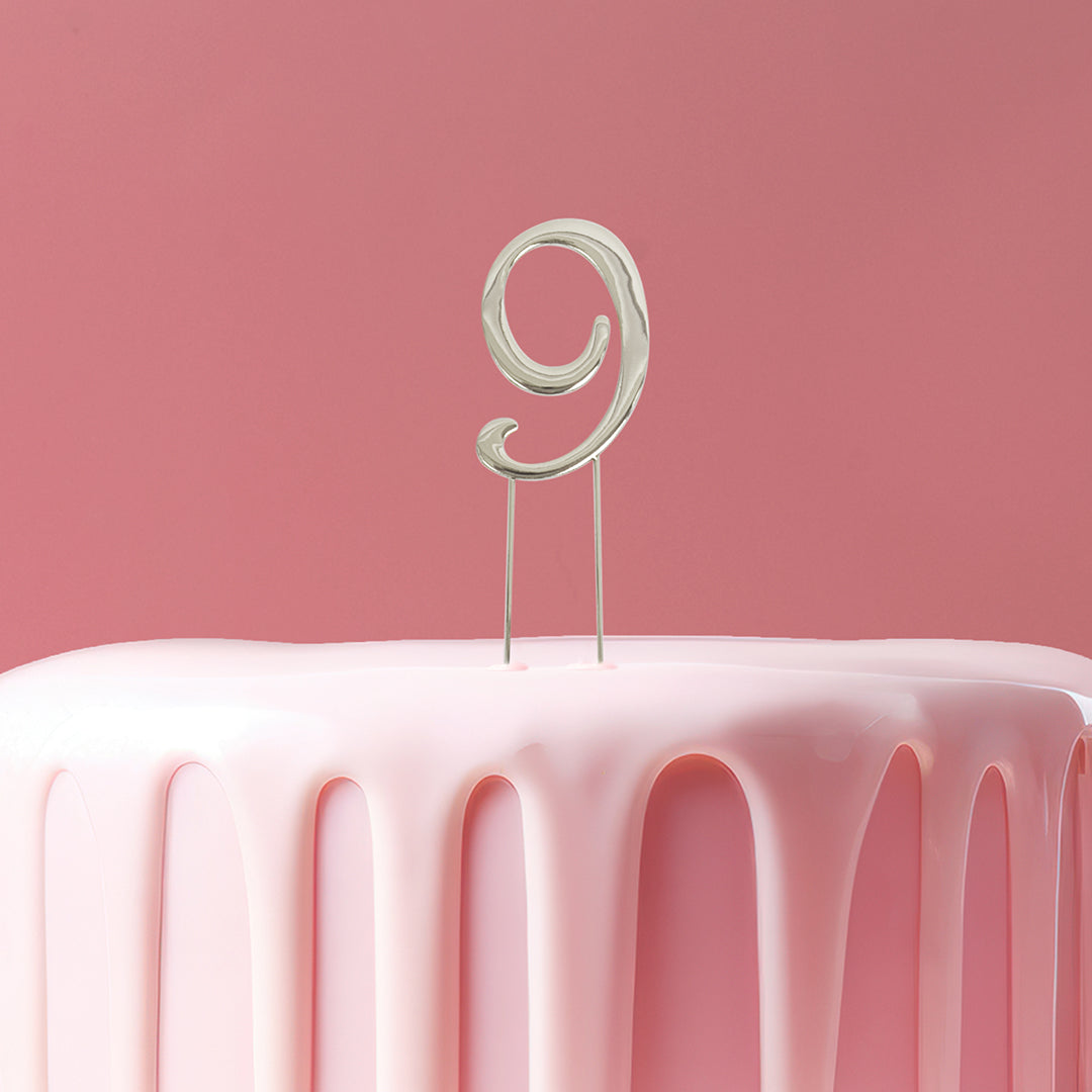 Silver metal numeral 9 cake topper pick