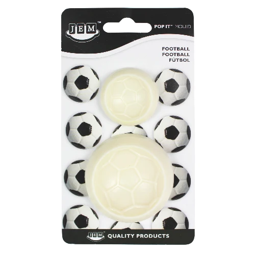 JEM Pop It Mold football-themed silicone molds in a blister pack, featuring two cream-colored soccer ball molds and six black and white soccer ball molds.