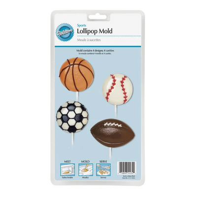 Wilton Sports Lollipop Mold packaging with four lollipop designs on a white background