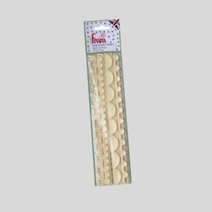 A package of cream-colored plastic fondant cutouts in various shapes, for bordersshown against a solid gray background.