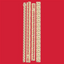 Four long, narrow cream-colored decorative strips with embossed floral and geometric patterns, arranged vertically on a solid red background.
