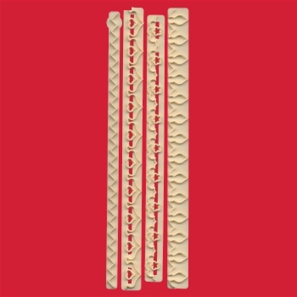 Four long, narrow cream-colored decorative strips with embossed floral and geometric patterns, arranged vertically on a solid red background.