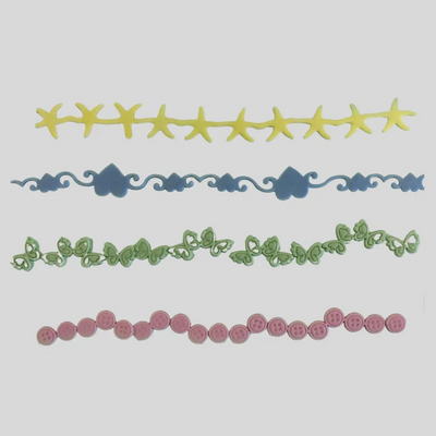 Set of decorative fondant border designs in yellow, blue, green, and pink on a white background