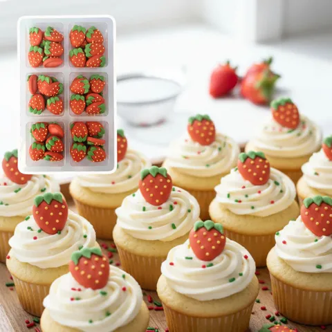 Cupcakes decorated with strawberry-shaped icing decorations.