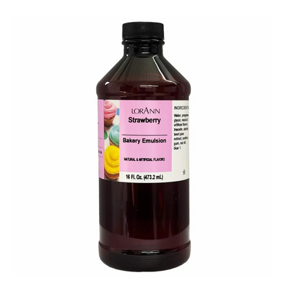 Bottle of LorAnn Strawberry Bakery Emulsion on a white background