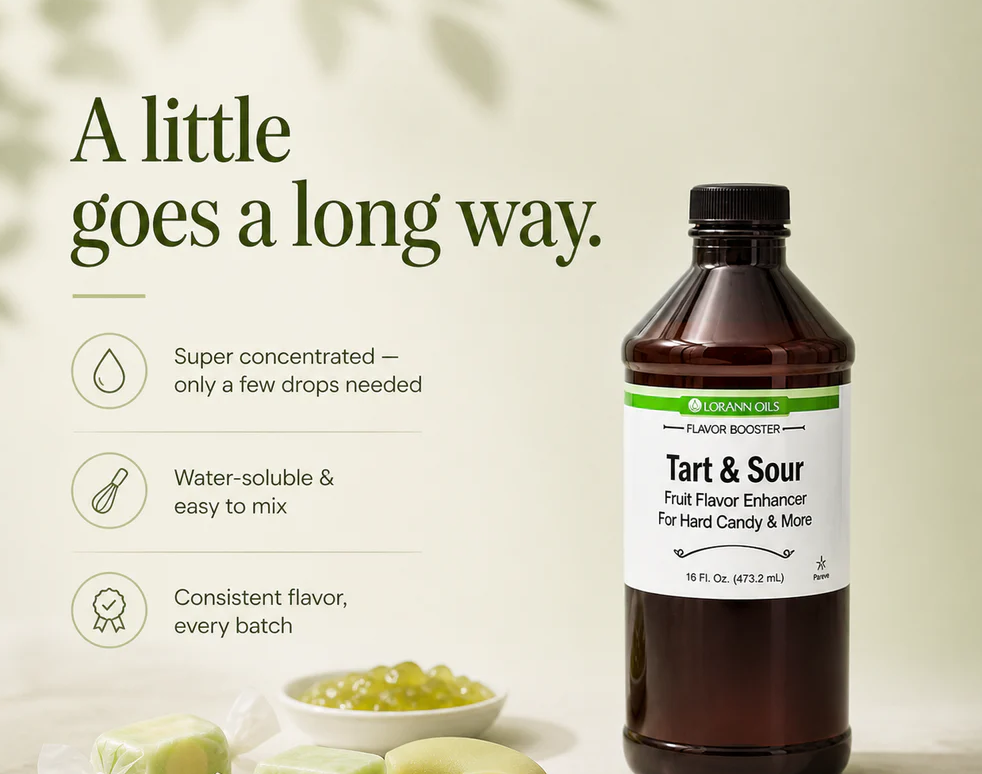A bottle of Loramirac flavor booster labeled Tart & Sour fruit flavor enhancer, shown on a light cream background with marketing text and small food props at the bottom.