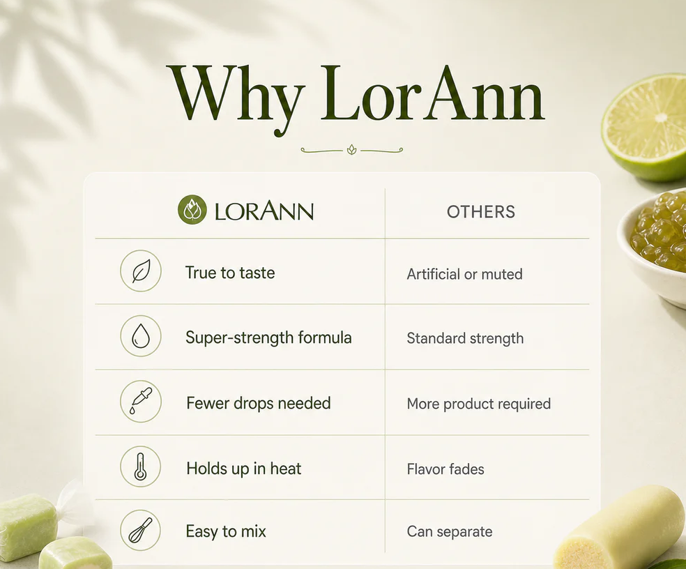 A comparison infographic titled 'Why LorAnn' on a light cream background, showing a LorAnn product benefit table with icons and text comparing it to others. Limes and a bowl of green sauce are styled as props in the corners.