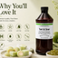 A bottle of Tart & Sour flavor booster by Lorann displayed alongside green candy pieces, with text highlighting product benefits on a light beige background.