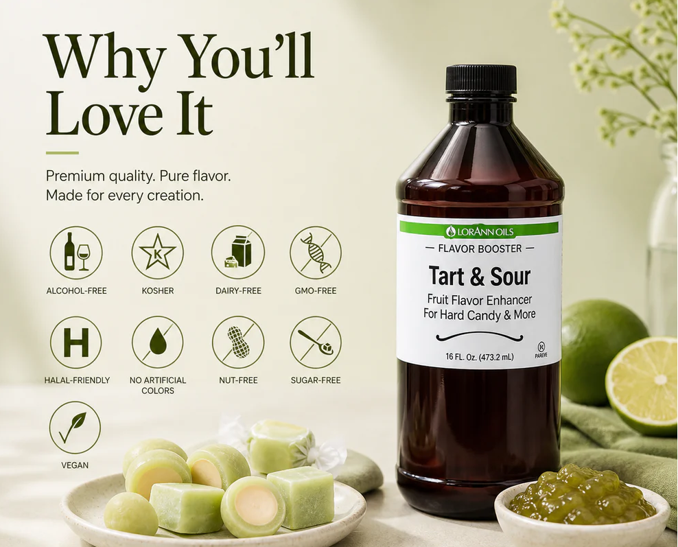 A bottle of Tart & Sour flavor booster by Lorann displayed alongside green candy pieces, with text highlighting product benefits on a light beige background.