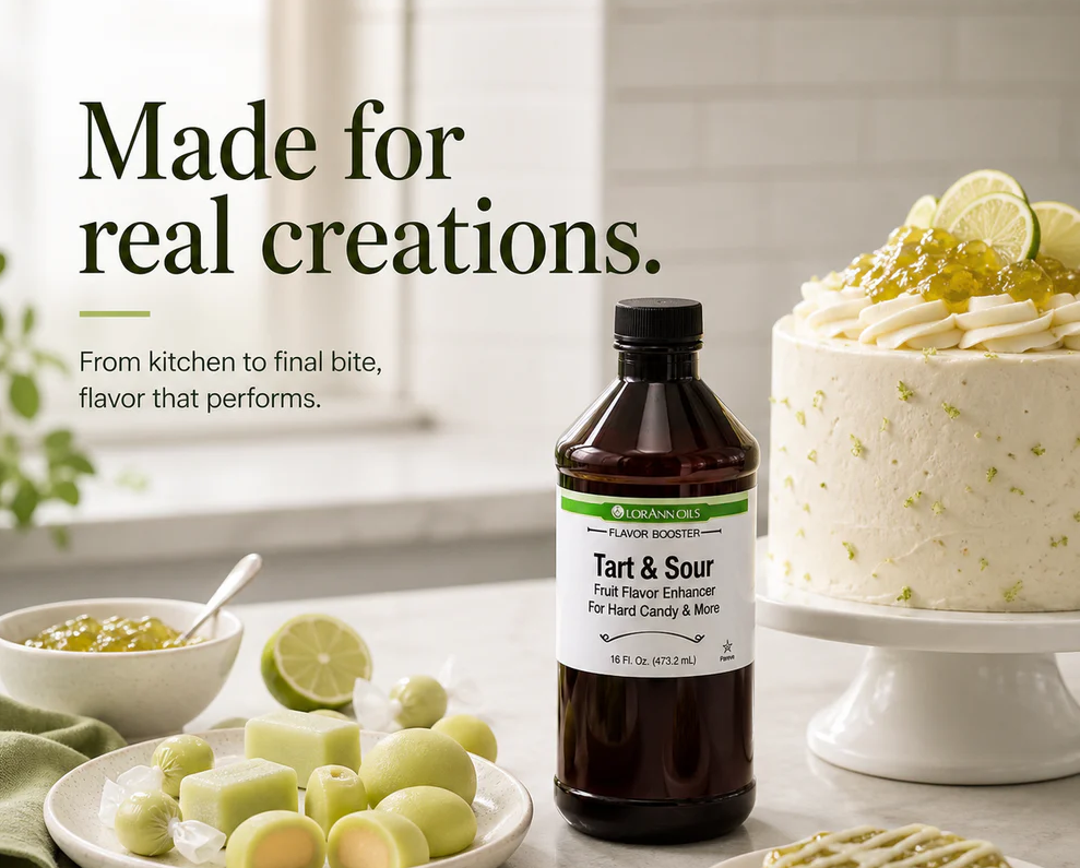 A bottle of Flavor Boosters Tart & Sour fresh flavor enhacer stands on a kitchen counter beside limes, fruit, and a decorated cake, with the text 'Made for real creations.' in the background.