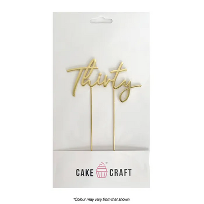 Gold 'Thirtieth' cake topper with Cake Craft branding on a white background