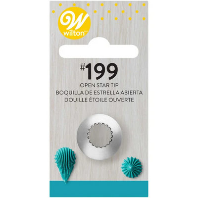 Wilton #199 Open Star Tip on its original retail packaging card. The card is light wood-grain with a yellow Wilton logo, black text, and shows a silver metal tip in the center, flanked by two teal star-shaped frosting decorations.