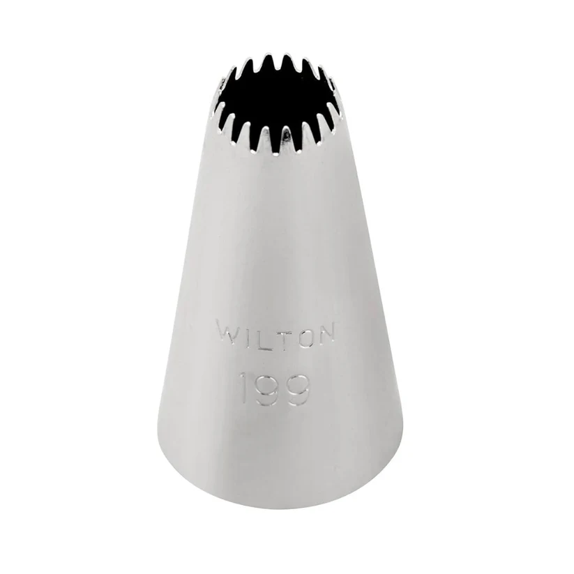 A Wilton 199 metal piping tip with a flared, serrated star-shaped opening, shown on a solid white background.