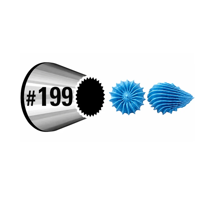A metal piping tip labeled #199 shown beside two blue icing examples, on a plain white background.